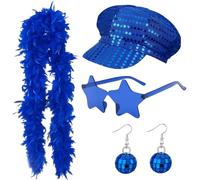 4-Piece Abba Accessories Set, Blue Feather Boa with Sequin Hat, Funky Earrings and Star Glasses, Retro Disco Dress Up for Women, Perfect for Theme Parties, Dance Performances and Music Festivals