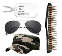 4-Piece Army Costume Set with Bullet Belt and Dog Tags, Military Role Play Accessories for Adults and Kids, Perfect for Halloween Parties and Cosplay Events, Includes Camo Hat and Aviator Sunglasses