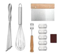 4-Piece Baking Tools Set Stainless Steel Balloon Whisk & Ball Whisk, Metal Dough Cutter Scraper & Bread Lame, Sourdough Scoring Blade for Pizza Dough, Whisking, Mixing & Baking Accessories