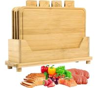 4-Piece Bamboo Chopping Board Set with Tag Classification, Juice Groove & Stand - Cutting Boards for Vegetables, Bread, Raw Meat & Fish - Durable Kitchen Prep Set