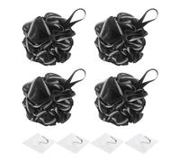 4-Piece Bath Flowers, 4-Piece Hooks, Soft Foaming Sponge, Bath Sponge, Exfoliating Sponge, Body Scrub Pad and Back Cleaner (Black)