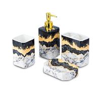 4 Piece Bathroom Accessories Set - Black and White Includes Lotion Dispenser, Toothbrush Holder Tumbler, and Soap Dish - Glossy Finish (Marble, Black, and White)