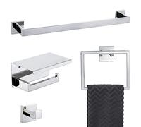 4-Piece Bathroom Hardware Set Chrome Bath Towel Bar Holder Sets Wall Mounted Stainless Steel Square Bathroom Accessory Kit, Polished Chrome 23.6 Inch