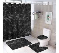 4 Piece Bathroom Set Shower curtain bathroom mug Non-Slip Bath Mats Toilet lid cover Black Marble Shower Curtain with Non-Slip Bath Mats for Bathroom
