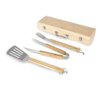 4 Piece Bbq Tools Set, Wooden, Stainless Steel