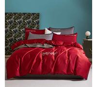 4 Piece Bedding Set,60 Pieces of Long-Staple Cotton Four-Piece Pure Color Embroidery Cotton Satin Duvet Cover Sheet Duvet Cover Plain Bedding-Agate Red_2.0m
