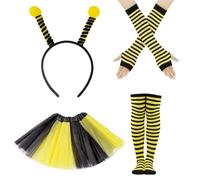 4-Piece Bee Costume Kit, Bumble Bee Costume Set, Bees Clothing Accessories Set, Bees Dress with Antenna Headband, Leg Sleeves and Long Gloves for Cosplay Party & Halloween & Christmas & Carnival