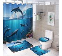 4 Piece Blue Sea Great Ocean Wave Jumping Dolphin Shower Curtains + Bath Room Rug Shag Set, Water Repellent Contemporary Bath Room Curtains Absorbent Toilet Floor Mat