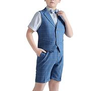 4 Piece Boys Blue Check Suits Wedding Party Pageboy Suits Set Baby Boys Gentleman Suit Plus Size Formal Waistcoat Outfits Summer Boys Shirt + Bow Tie + Vest + Shorts/Trousers Set 7-8 Years