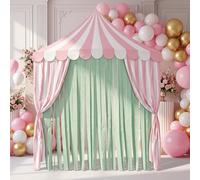 4-piece Carnival Circus Decor Backdrop Circus Tent with Canopy Polyester Carnival Pink Striped Curtains Sweet Pastel Ice Cream Theme for Birthday Party Photography Backgrounds (Pink White)