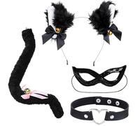 4-Piece Cat Costume Accessories Kit: Cat Ears Headband, Eye Mask, Collar & Tail with Bell - Halloween, Fancy Dress, Cosplay Costumes for Women