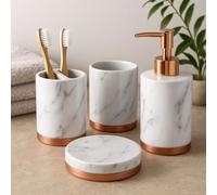 4 Piece Ceramic Bathroom Accessories Set - MARBLE Look Rose Gold White - Our Complete Bath Decor Kit Includes Designer Soap or Lotion Dispenser - Toothbrush Holder - Tumbler - Soap Dish (Marble White)