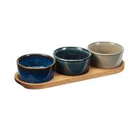 4-Piece Ceramic Serving Bowl Set with Acacia Wood Tray | Snack & Dip Platter for Parties, Nibbles & Sharing | Stylish Reactive Glaze Snack Dish Set