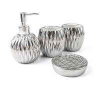 4-Piece Ceramic Soap Dispenser & Toothbrush Holder Set - Silver | Modern countertop decor for bathroom sink. Elegant ceramic design. Great gift for housewarming, wedding, or any occasion.