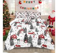 4-Piece Christmas Comforter Set King Size Rustic Lodge Bedding Set Snow Man Reindeer Christmas Tree Pattern Happy New Year Winter Holiday Quilt Xmas Bedroom Comforter with 1 Cushion Cover