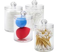 Greenfields Pack of 4 - Bathroom Qtip Holder - Clear Lids - Cotton Pad, Qtip, Swab Pads, Cotton Balls, Floss, Hair Clips, Pins, Makeup Brushes - Apothecary Jars for Bathroom or Bedroom