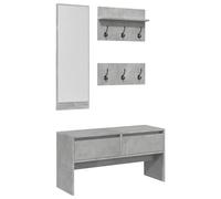 4-Piece Coat Rack Set Concrete Grey Wood Material with Shoe Bench, Mirror, Coat Racks, 6 Coat Hooks, Hallway Bench with Storage Space for Hallway, Entryway, Space-Saving and Functional
