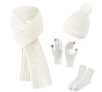 4-Piece Cold Weather Set - Beanie Hat, Long Scarf, Gloves & Socks | Knitted Warm Winter Set for Women Cozy Gift (white)