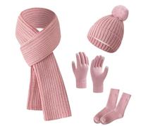 4-Piece Cold Weather Set - Beanie Hat, Long Scarf, Gloves & Socks | Knitted Warm Winter Set for Women Cozy Gift (pink)