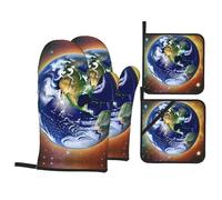 4-Piece Cosmic Earth Printed Kitchen Oven Mitts, High Temperature Resistant, Ideal for Cooking, Baking, Grilling