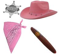 4 PIECE COWBOY FANCY DRESS ACCESSORIES - PINK STAR STUDDED COWBOY HAT, PINK PAISLEY BANDANA, JUMBO FAKE CIGAR AND SHERIFF BADGE (PINK HAT & PINK BANDANA)