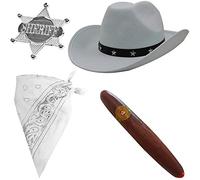 4 PIECE COWBOY FANCY DRESS ACCESSORIES - WHITE STAR STUDDED COWBOY HAT, WHITE PAISLEY BANDANA, JUMBO FAKE CIGAR AND SHERIFF BADGE (WHITE HAT & WHITE BANDANA)