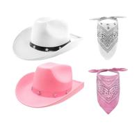 4 Piece Cowgirl Costume Set - White Cowboy Hat, Pink Cowboy Hat, White Bandana & Pink Bandana - Fancy Dress Accessories for Hen Party, Western Theme, Rodeo, Festivals