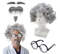 4 Piece Crazy Scientist Costume Set, Grey Men's Wig with Beard, Eyebrows & Glasses, Grandpa Costume Accessory for Halloween, Carnival, Cosplay & Theme Party