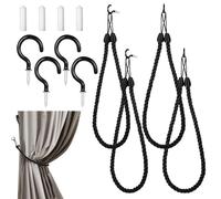 4-Piece Curtain Tiebacks Ropes Holders Cord Black Decorative Handmade Tie Backs Curtain Holdbacks with 4 Metal Screw Hooks for Thin or Thick Home Office Window Drapes Indoor Outdoor