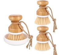 4-Piece Dish Brush Set include 3 Pieces Bamboo Palm Dish Brush Cleaning Scrub Brush Household Pot Scrubber Brush and 1 Holder for Dishes Pots Pans Kitchen Sink Cleaning
