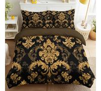 4 piece Double Bedding set with Fitted Sheet 30 cm Deep, Classic Baroque Duvet Cover Set 4 Piece Soft Breathable Premium Microfibre, Black Gold Floral Scrollwork Quilt Cover