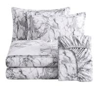 4 Piece Duvet Cover Set Double Bedding Set with Fitted Sheet & Pillowcases Reversible Microfiber Quilt Cover Set Double Bed Floral Geometric Marble Plain Designs UK (STONE WHITE, Double)