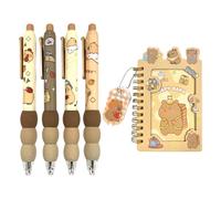 4-Piece Erasable Neutral Pens, 1-Piece Coil Book, Cute Capybara Pattern, Comfortable to Hold, Retractable Pens, Student Stationery Supplies.
