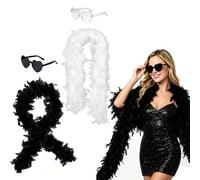 4-Piece Feather Boa Set, Black and White Feather Boas with Heart Accessories