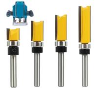 4-Piece Flush Trim Router Bit Set with 1/4 Inch Shank - Professional Grade Straight Flush Trim Tools with Bearing Template for Woodworking, for Wood, Plywood, Particle Board Milling