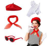 4-Piece French Women's Fancy Dress Costume Set, Red Beret with Scarf, Sunglasses, and Gloves, 1940s and 1950s Accessories for Women, Perfect for Cosplay, Themed Parties, and Vintage Fashion