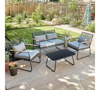4 Piece Garden Set Padded Cushion Glass Tabletop Black Metal