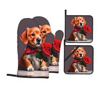 4-Piece Gentleman-like dog Printed Kitchen Oven Mitts, High Temperature Resistant, Ideal for Cooking, Baking, Grilling