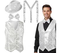 4-Piece Glitter Outfit Men's Set - Sequin Costume and Accessories with Vest Braces Bow Tie Hat Disco Costumes for Fancy Dress Party Carnival Theme Party Dance Performance (Silver, X-Large)