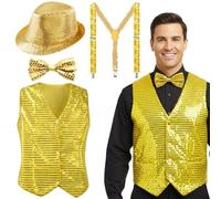 4-Piece Glitter Outfit Men's Set - Sequin Costume and Accessories with Vest Braces Bow Tie Hat Disco Costumes for Fancy Dress Party Carnival Theme Party Dance Performance (Gold, Medium)