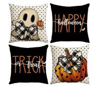 4 - piece Halloween Throw Pillow Covers Set with Plaid Pumpkin and Ghost Design, Ideal for Decorating Sofa, Bedroom, Office, Car and Farmhouse, Black, White and Orange