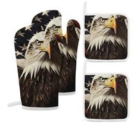 4-Piece Heat Resistant Oven Mitt and Pot Holder Set, Double-Layer Thick with Hanging Loop, Bald Eagle Flag Veterans Oven Mitts & Hot Pad for Kitchen, Cooking, Baking, Grilling