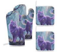 4-Piece Heat Resistant Oven Mitt and Pot Holder Set, Double-Layer Thick with Hanging Loop, Fantasy Cat Oven Mitts & Hot Pad for Kitchen, Cooking, Baking, Grilling