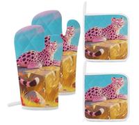 4-Piece Heat Resistant Oven Mitt and Pot Holder Set, Double-Layer Thick with Hanging Loop, Pink Cheetah Oven Mitts & Hot Pad for Kitchen, Cooking, Baking, Grilling