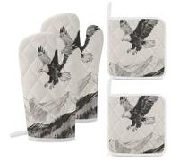 4-Piece Heat Resistant Oven Mitt and Pot Holder Set, Double-Layer Thick with Hanging Loop, Soaring Eagle Oven Mitts & Hot Pad for Kitchen, Cooking, Baking, Grilling