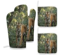 4-Piece Heat Resistant Oven Mitt and Pot Holder Set, Double-Layer Thick with Hanging Loop, Tiger in The Jungle Oven Mitts & Hot Pad for Kitchen, Cooking, Baking, Grilling