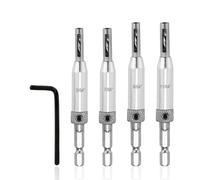 4-Piece Hinge Drill Bit Set, 1 Wrench, Drill Bit Guide, Pilot Hole Drill Bit, Drill Bit Guide, Door Hole Drilling, Self-Centering Drill Bit Set, Door Hinge Tool Set