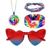 4 Piece Hippie Costume Set, Hippie Accessories Costume for Men and Women, Colourful Headband, Rainbow Bracelet, Retro Vintage Glasses, Peace Sign Necklace, 60s 70s Costume Accessories, Hippie Costume
