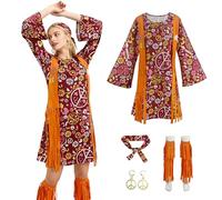 4 Piece Hippie Costume Women's Set, Hippie Clothing Women's Set, 70s Outfit Women, Costume 60s 70s Women's for Halloween Costume Carnival Abba Costume Disco Party Cosplay Fancy Dress Costumes