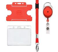 4 Piece ID Badge Set Red| Set Includes Metal Lobster Clip Lanyard, Retractable Badge Reel, & Badge Pocket & ID Card Badge Holder, 8 Colours PCL Media ltd